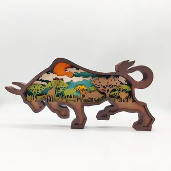 Fa Állat Faragás Bison Kézműves Kreatív Lakberendezési Többrétegű Kivájt Bison Asztali Dekoráció