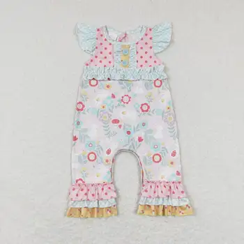 Nagykereskedelmi forró eladó baba, gyerek ruhák újszülött kisgyermek Virágos nyuszi pöttyös sárga csipke rövid ujjú rugdalózó hacukában